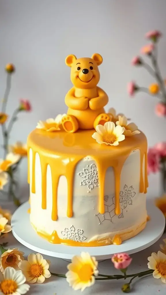 19 Adorable Winnie the Pooh Baby Shower Decoration Ideas 6 A cake with a Winnie the Pooh topper, decorated with yellow icing and flowers.