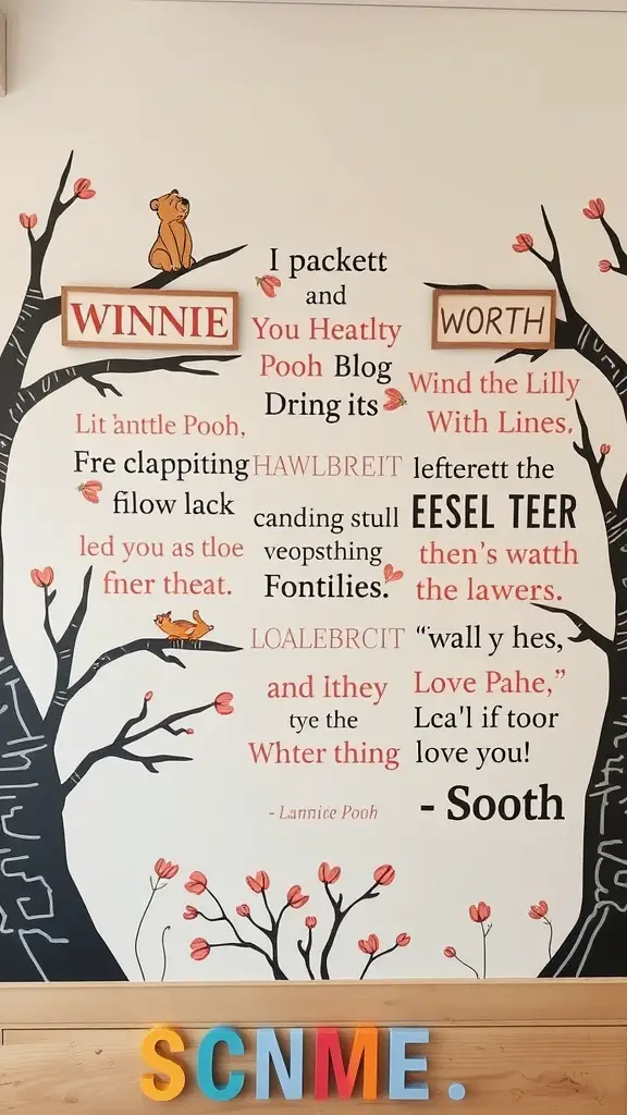 19 Adorable Winnie the Pooh Baby Shower Decoration Ideas 2 Wall decor featuring Winnie the Pooh quotes with a tree and flowers