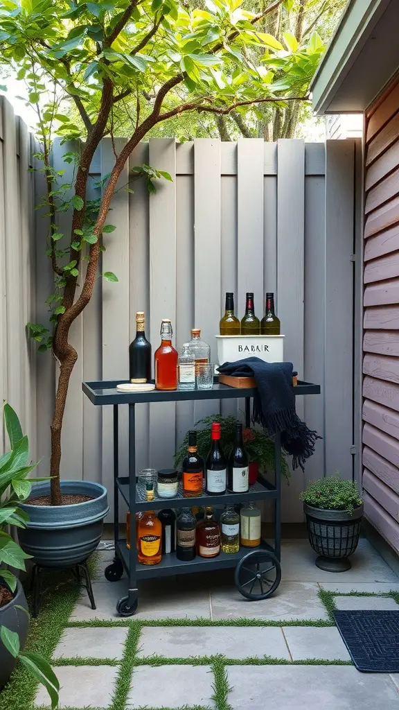 A stylish portable bar cart with various bottles of spirits and mixers, surrounded by greenery in a backyard setting.