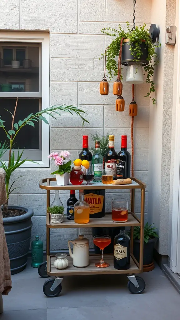 17 Creative Small Apartment Patio Ideas You’ll Love 7 A portable bar cart on a small apartment patio, featuring various drinks, plants, and decorative items.