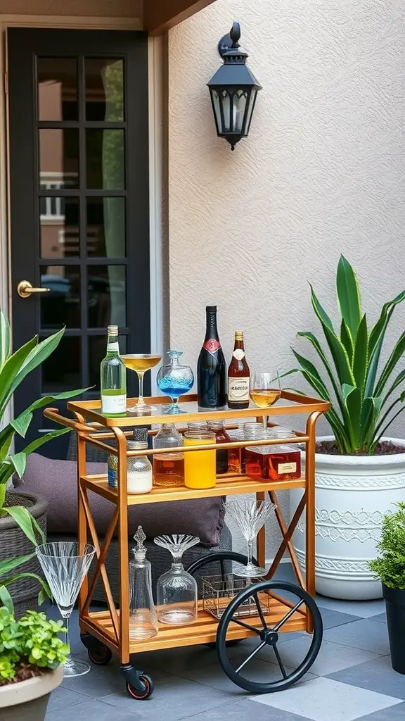 15 Charming Small Outdoor Patio Ideas for a Cozy Retreat 17 A stylish portable bar cart with various drinks and glassware on an outdoor patio.