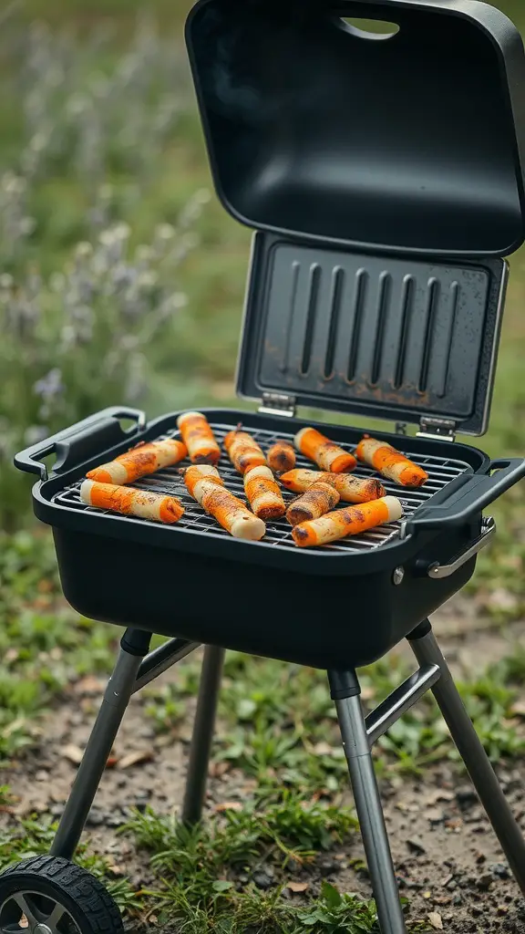 19 Creative Backyard Ideas for Renters 11 A portable BBQ grill with grilled vegetables on the grate, set in a grassy outdoor area.