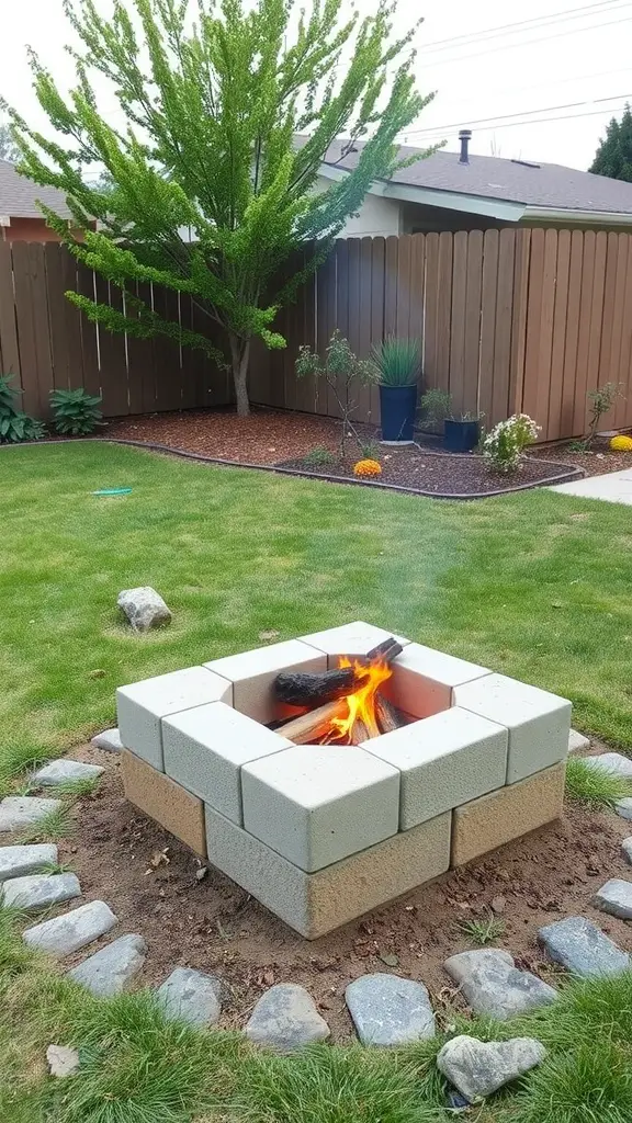 13 Creative Cinder Block Fire Pit Ideas for Your Backyard 12 A portable cinder block fire pit setup in a backyard with a tree and stone circle.