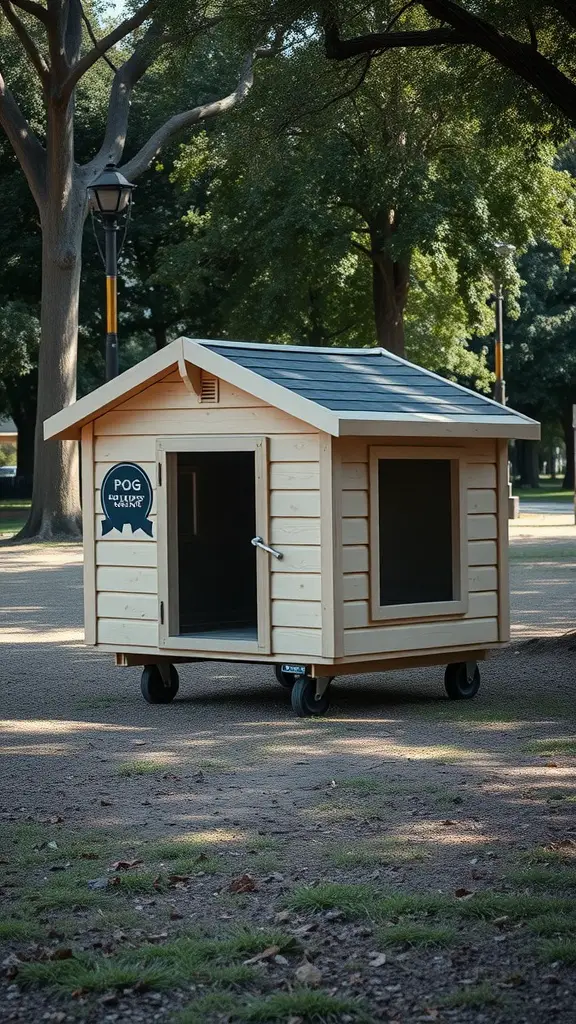 17+ Creative Outside Dog House Ideas for Your Furry Friend 10 A portable wooden dog house on wheels in a park setting