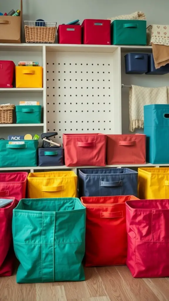 21 Creative Fabric Storage Solutions You Need to Try 12 Colorful portable fabric storage totes arranged on shelves