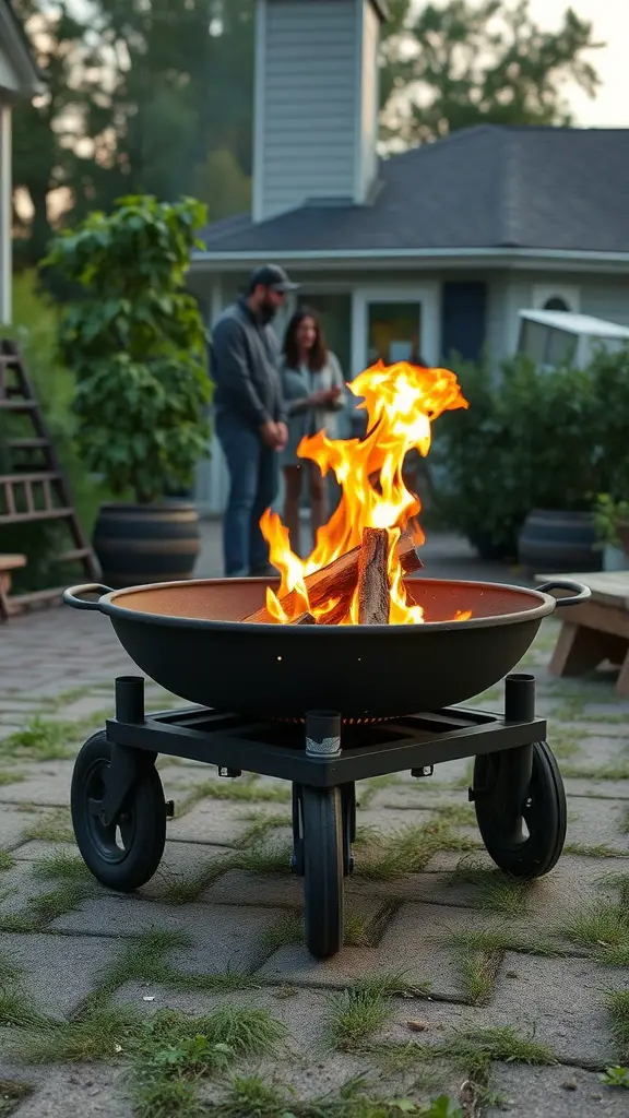 17 Creative DIY Fire Pit Ideas for Your Backyard 2 A portable fire pit on wheels with flames, set in a backyard.