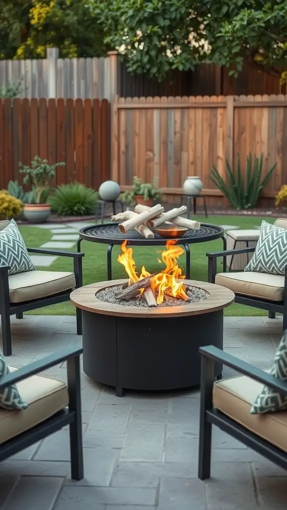 19 Creative Backyard Ideas for Renters 10 A cozy backyard with a portable fire pit surrounded by chairs, perfect for evening gatherings.