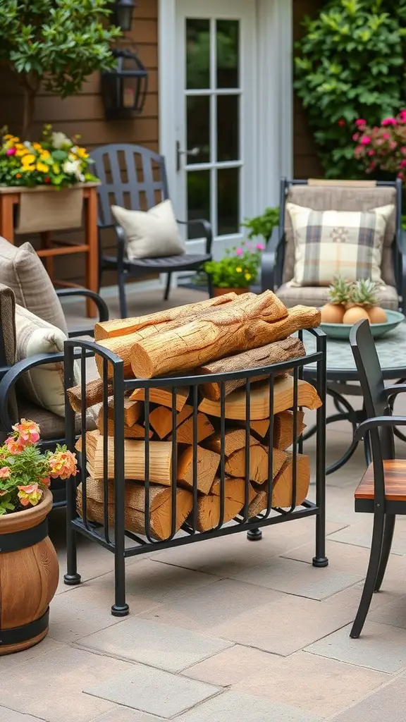 19 Creative Outdoor Firewood Storage Ideas You'll Love 15 A stylish portable firewood rack holding neatly stacked logs on a patio.