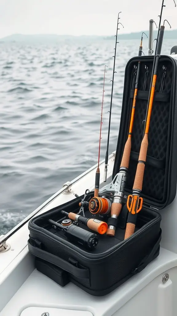 29+ Creative Fishing Rod Storage Ideas for Every Angler 9 A portable fishing rod case with fishing rods and reels inside, placed on a boat with water in the background.