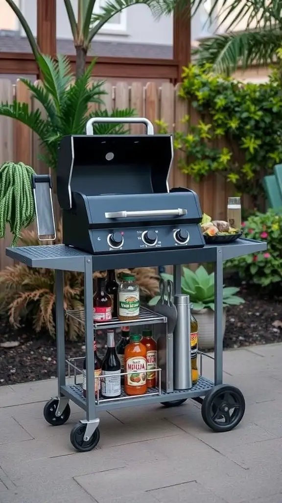A portable grill cart with a grill on top and shelves for sauces and utensils, set in a backyard.