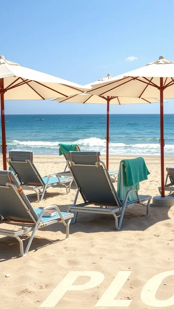 23 Stylish Outdoor Furniture Ideas for Your Dream Patio 13 A row of portable outdoor loungers on a sandy beach with umbrellas.