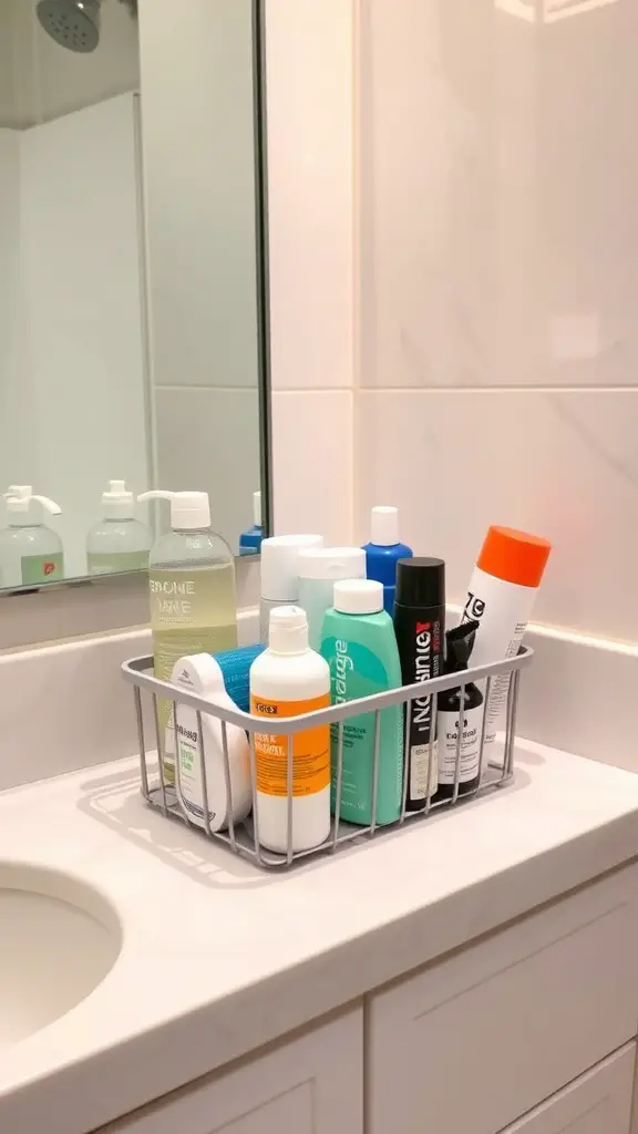 19+Stylish and Functional Shower Caddy Ideas to Organize Your Space 10 A portable shower caddy filled with various toiletries on a bathroom counter.