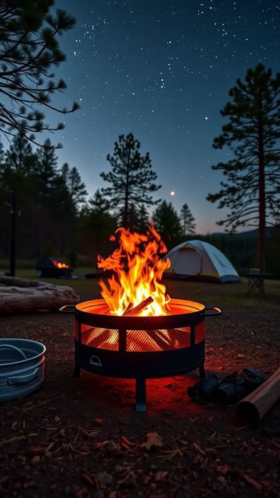 A portable smokeless fire pit glowing in a camping setting under a starry sky.