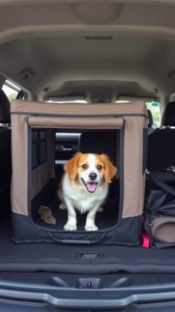 17+ Creative Dog Crate Ideas for Stylish Pet Spaces 6 A happy dog sitting in a portable travel crate in the back of a car.
