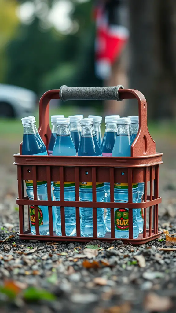 15+ Creative Ways to Store Your Water Bottles 14 A portable water bottle caddy filled with blue bottled water, set on a gravel surface.