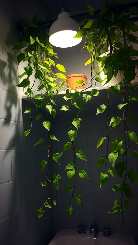 21 Stunning Bathroom Plants for a Fresh and Lively Space 10 A bathroom with a pothos plant hanging from a shelf, illuminated by a light fixture.