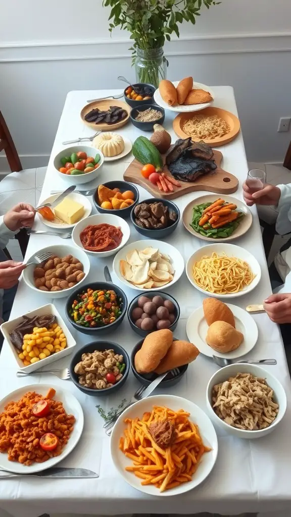 33 Fun and Creative House Party Ideas to Dazzle Your Guests 2 A table set for a potluck dinner party with various dishes and ingredients.