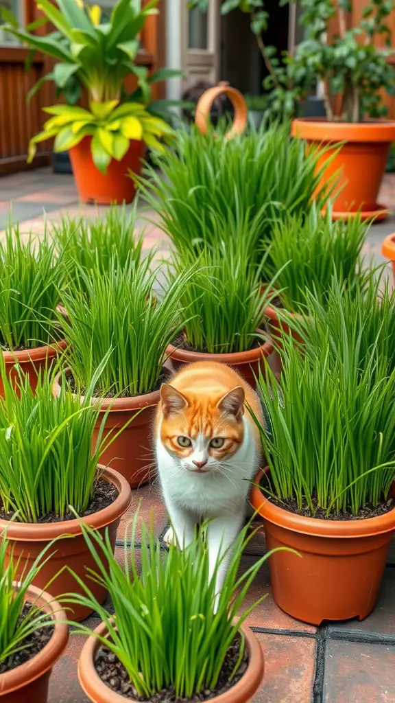 21 Creative Cat Friendly Patio Ideas for the Purrfect Outdoor Space 10 A curious cat walking through a garden of potted cat grass on a patio.