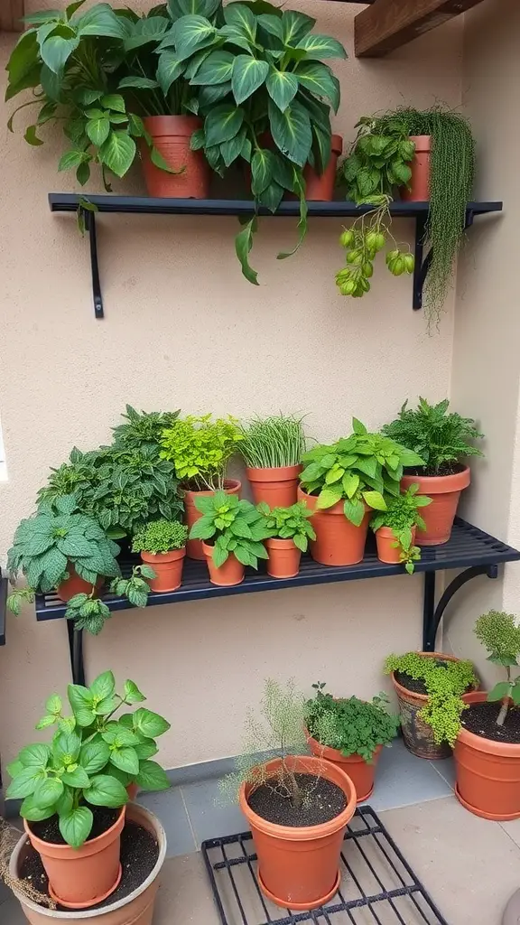 15 Charming Small Outdoor Patio Ideas for a Cozy Retreat 4 A small outdoor patio featuring a potted herb garden with various herbs in terracotta pots on shelves.