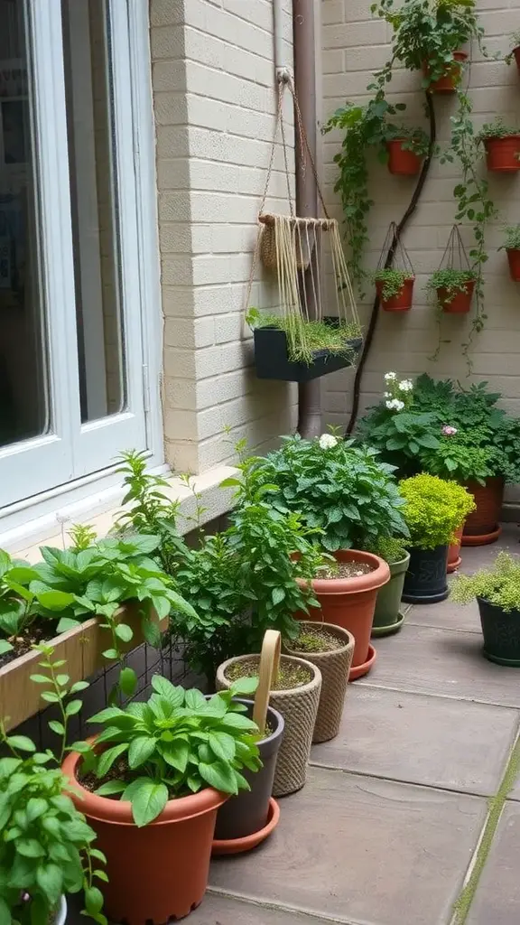 29 Creative Small Patio Decorating Ideas You’ll Love 12 A small patio with various potted herbs and plants arranged neatly.