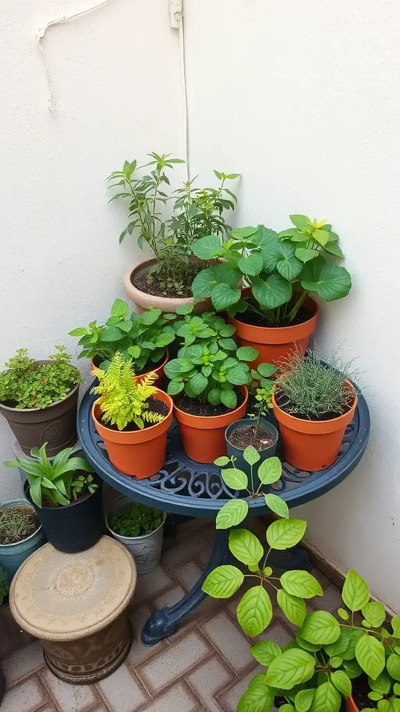 15 Creative Tiny Patio Ideas for Your Outdoor Space 8 A small patio with various potted herbs arranged on a table, showcasing a vibrant green garden.
