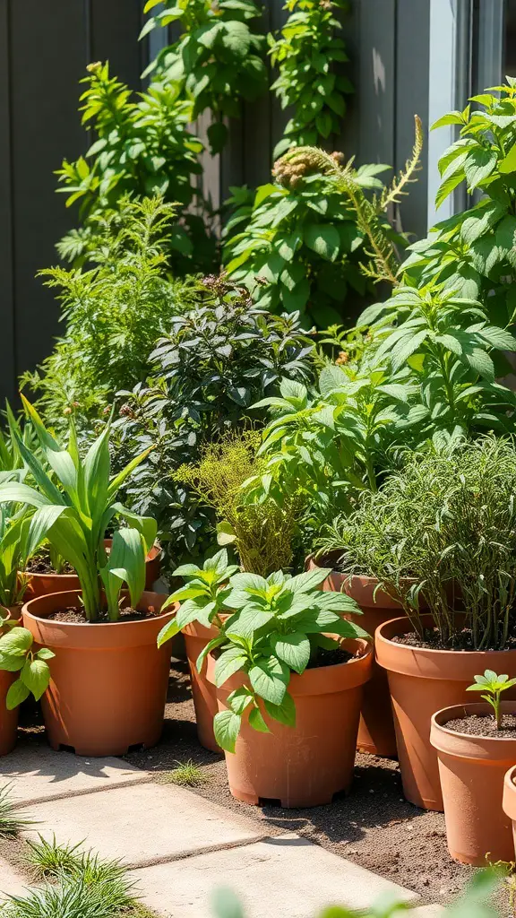 19 Creative Backyard Ideas for Renters 9 A variety of potted herbs in terracotta pots, thriving in a sunny garden area.