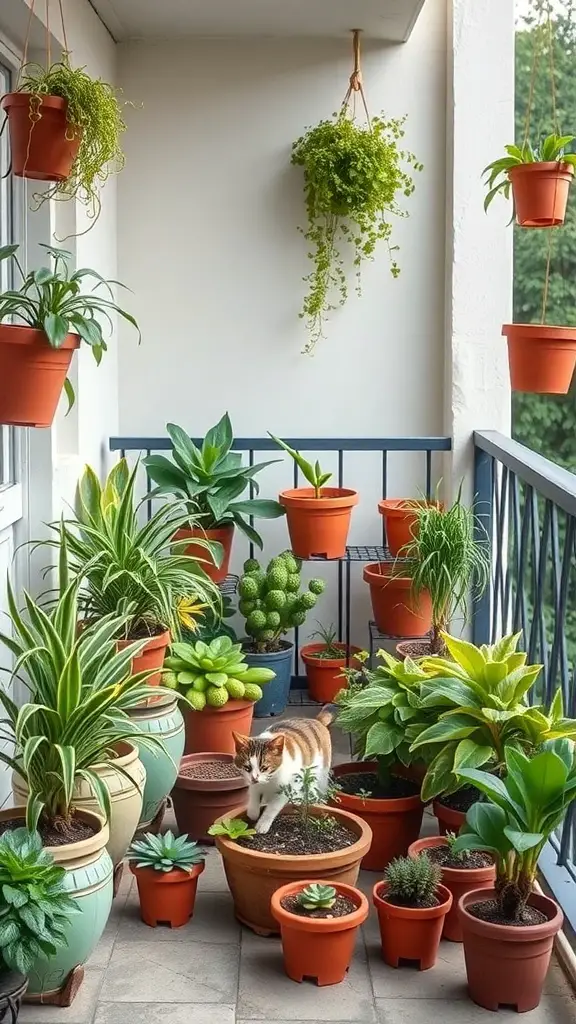 21 Creative Cat Balcony Ideas for a Purr-fect Outdoor Retreat 7 A balcony filled with various potted plants and a cat exploring among them.