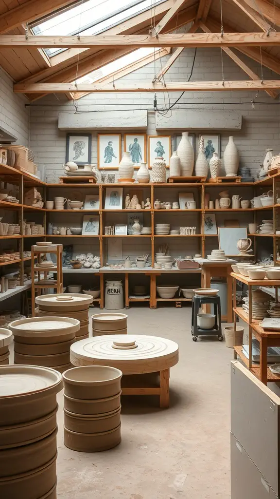 A bright pottery studio featuring clay, pottery wheels, and shelves filled with pottery and tools.