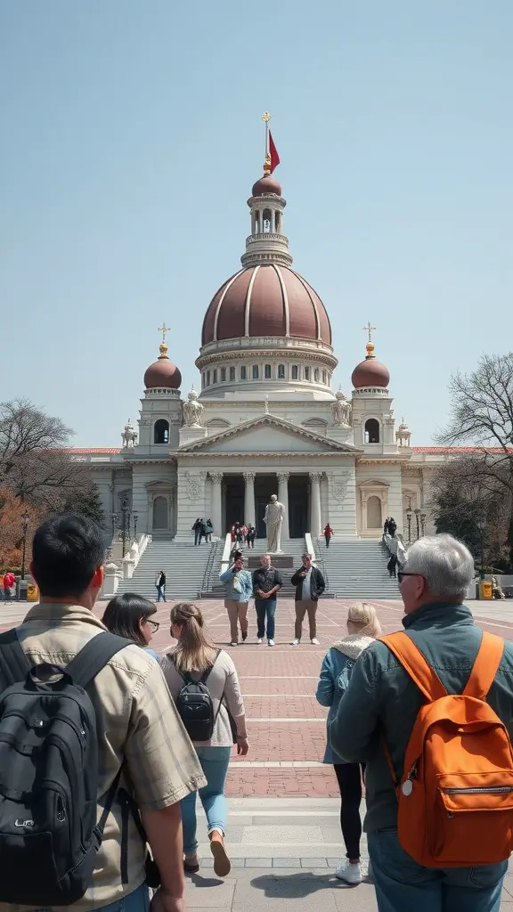 17 Creative Silent Auction Ideas to Boost Your Fundraising Event 15 A group of people walking towards a grand building with a dome and statue in front.