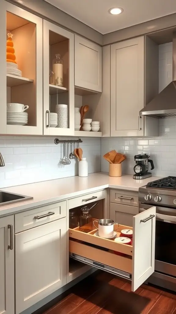 17 Smart Small Kitchen Storage Ideas You’ll Love 9 A modern kitchen featuring pull-out cabinets with jars and a pot visible in the drawer.