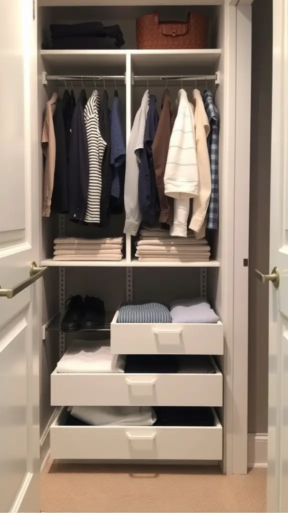 A small walk-in closet featuring pull-out drawers for easy access, neatly organized clothes, and accessories.
