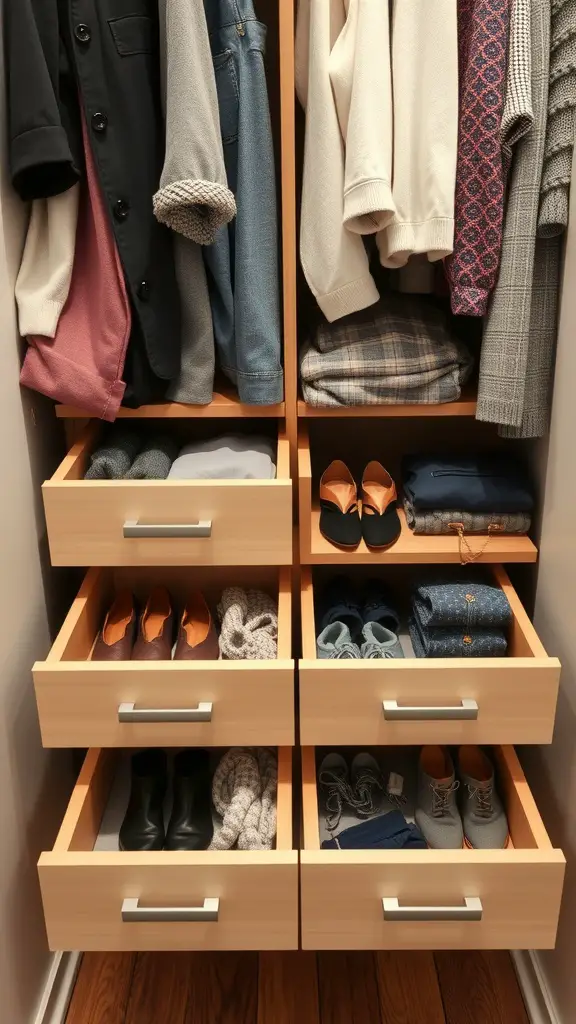 17+ Smart Closet Storage Ideas to Maximize Space 3 A well-organized closet featuring pull-out drawers for easy access to clothes and shoes.