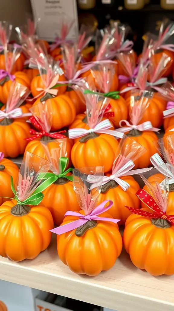21 Adorable Pumpkin Baby Shower Ideas You’ll Love 5 Colorful pumpkin-shaped party favors wrapped in cellophane with ribbons