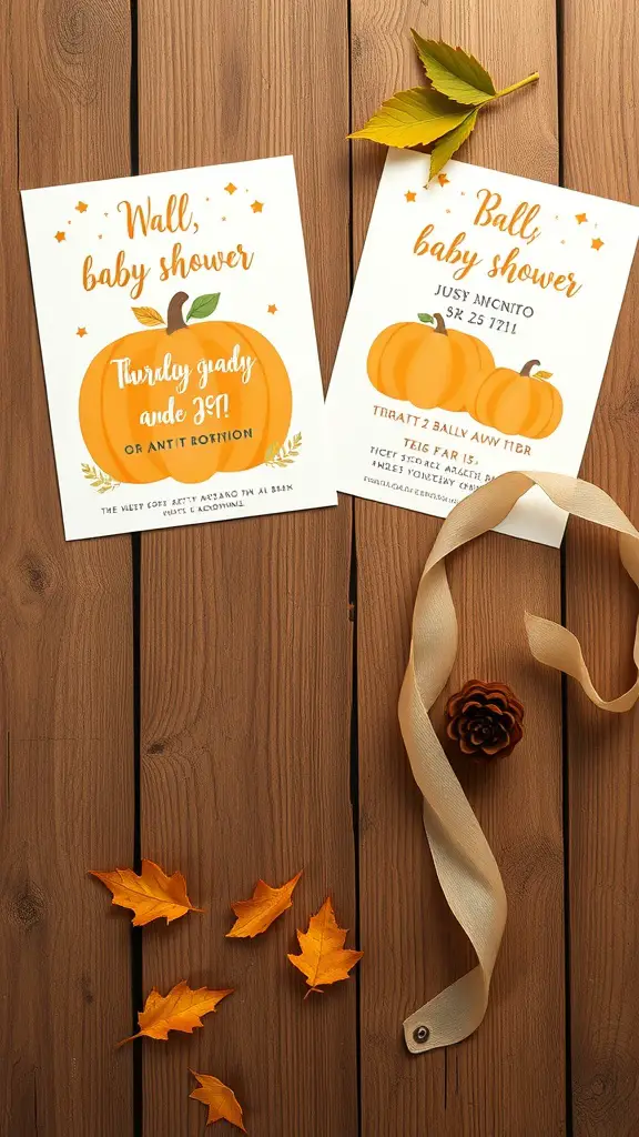 21 Adorable Pumpkin Baby Shower Ideas You’ll Love 7 Two pumpkin-themed baby shower invitations on a wooden surface with autumn leaves.