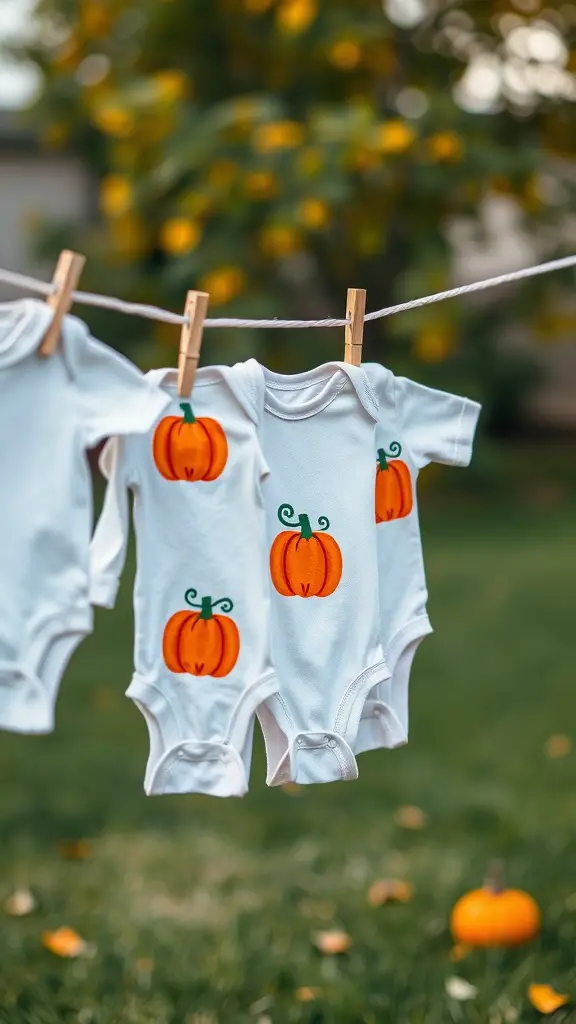 21 Adorable Pumpkin Baby Shower Ideas You’ll Love 12 A line of pumpkin-themed onesies hanging on a clothesline outdoors.