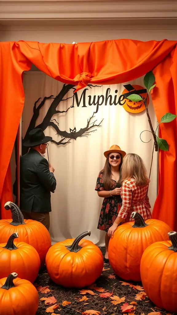 21 Adorable Pumpkin Baby Shower Ideas You’ll Love 10 A pumpkin-themed photo booth with guests posing, surrounded by large pumpkins and festive decorations.