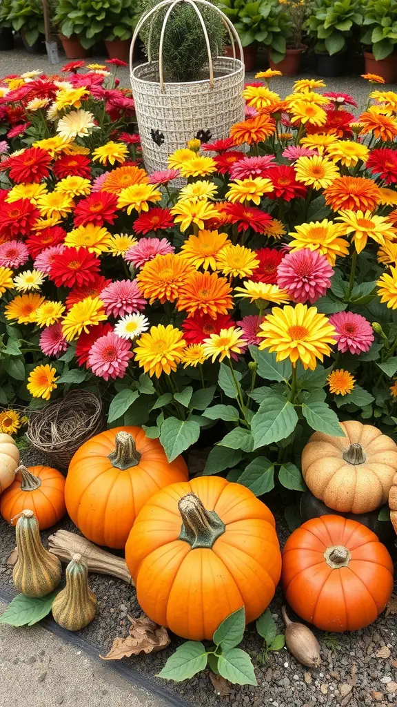 21 Stunning Fall Flower Bed Ideas to Beautify Your Home 4 A colorful flower bed with red, yellow, and pink flowers, accented by pumpkins and a woven basket.