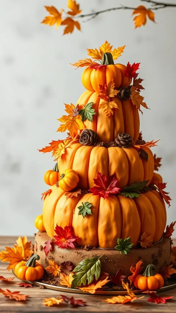 21 Adorable Pumpkin Baby Shower Ideas You’ll Love 11 A beautifully designed pumpkin-themed cake for a baby shower, featuring stacked pumpkins and autumn leaves.