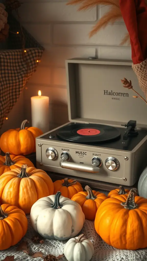 21 Adorable Pumpkin Baby Shower Ideas You’ll Love 13 A vintage record player surrounded by pumpkins, creating a cozy atmosphere for a baby shower.