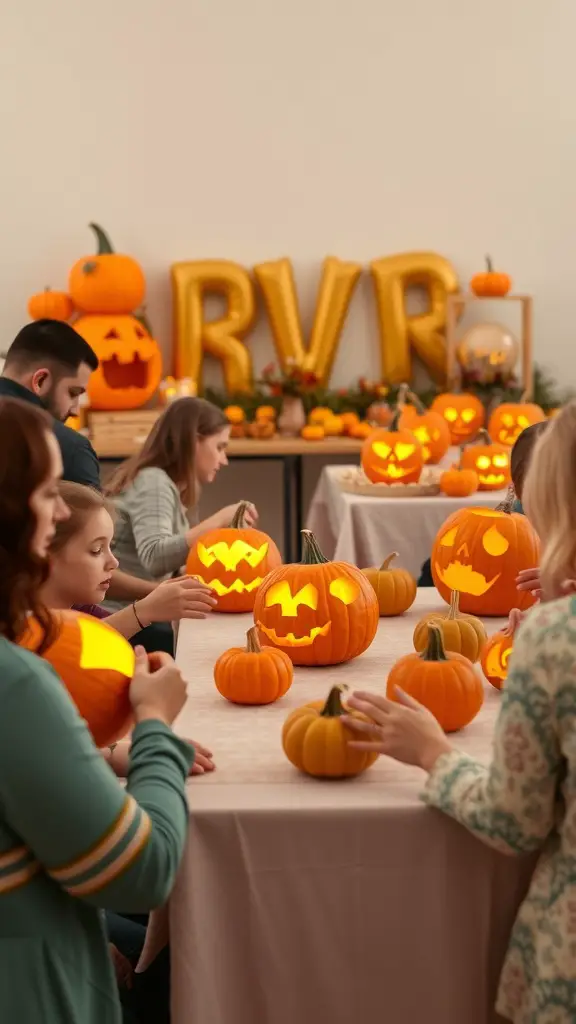 23 Creative Baby Shower Ideas for October Celebrations 7 Guests participating in a pumpkin carving contest at a baby shower, with carved pumpkins and decorations in the background.