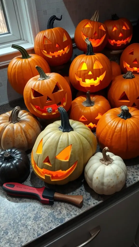A collection of carved pumpkins in various designs, with a carving tool on a kitchen counter.