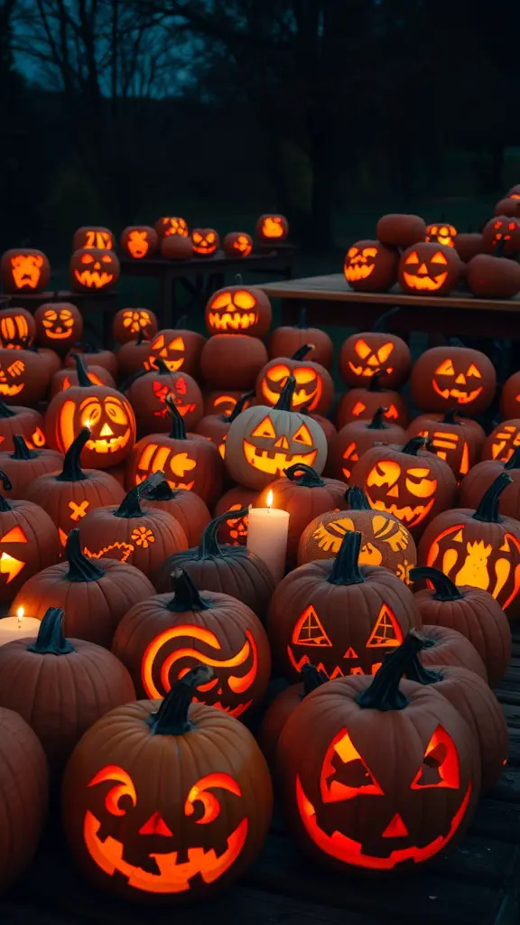 21 Spooktacular Halloween Party Ideas for a Frightfully Fun Celebration 4 A collection of carved pumpkins with various designs glowing in the dark