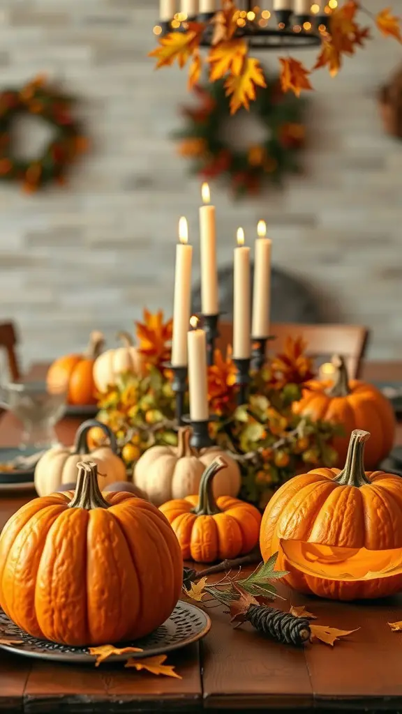 A beautifully arranged table with pumpkins, candles, and autumn leaves, perfect for a Halloween wedding centerpiece.
