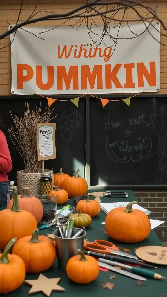 21 Adorable Pumpkin Baby Shower Ideas You’ll Love 17 A pumpkin craft station with small pumpkins, craft supplies, and a cheerful banner.