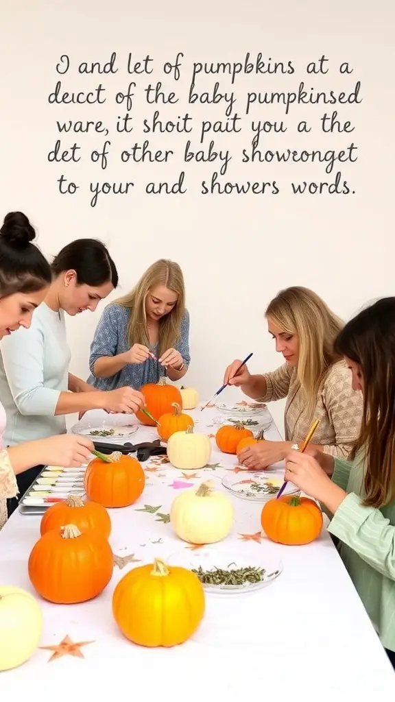 17 Creative Baby Shower Ideas for a September Celebration 10 A group of women decorating pumpkins at a baby shower