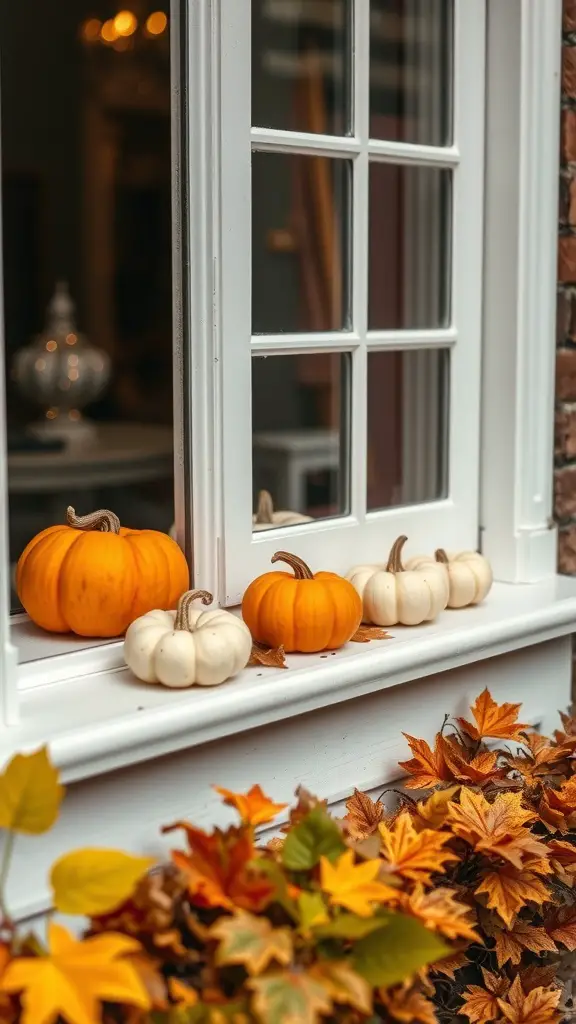 A cozy window with orange and white pumpkins on the sill, surrounded by autumn leaves.