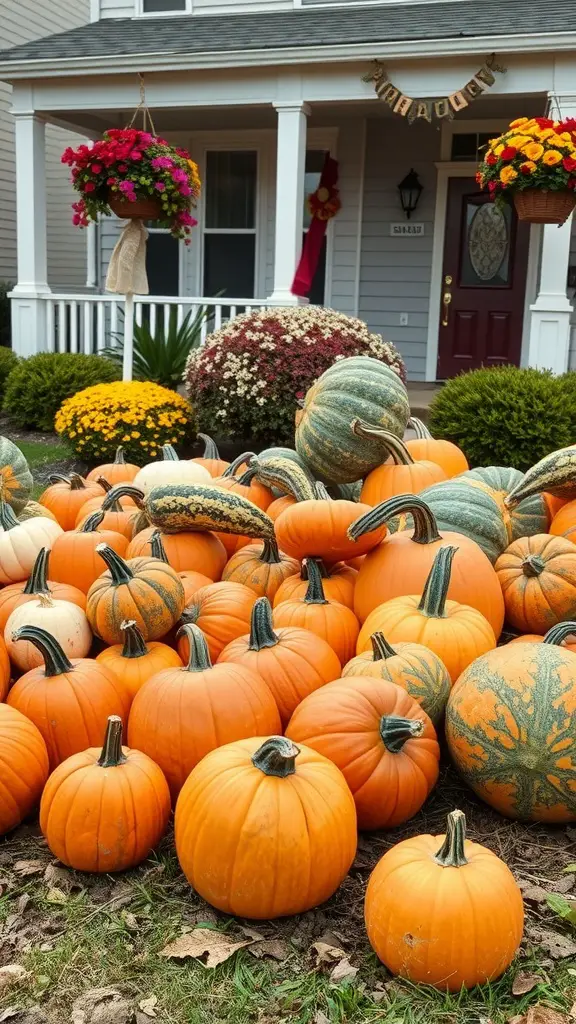 A front yard decorated with a variety of pumpkins and colorful flowers for Halloween.