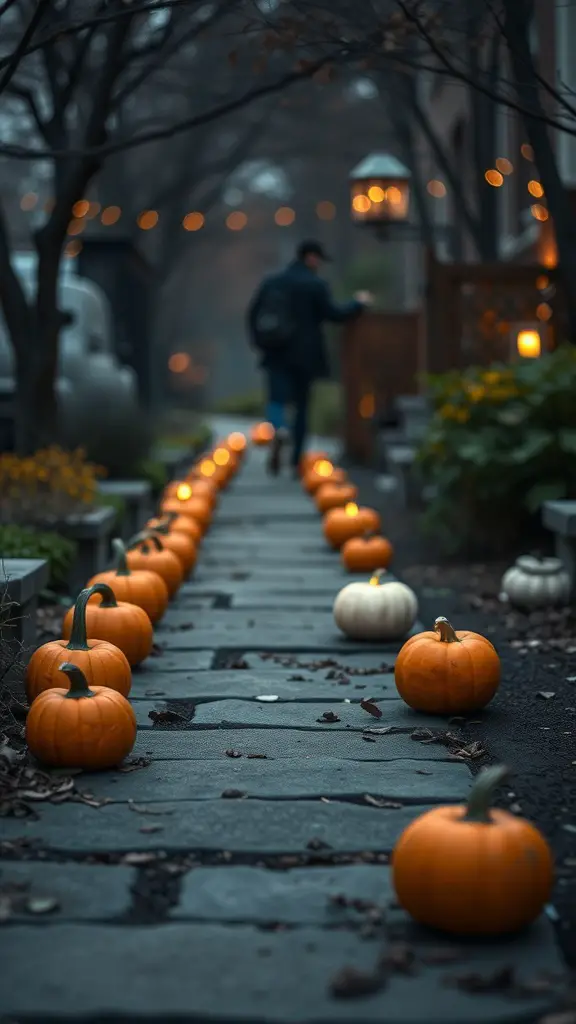 A pathway lined with pumpkins leading to a cozy home, illuminated by warm lights.