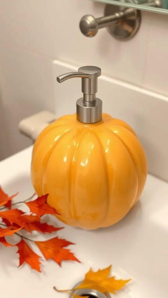 29 Spook-tacular Halloween Bathroom Decor Ideas 8 A pumpkin-shaped soap dispenser on a bathroom sink with autumn leaves nearby.
