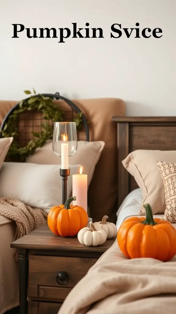 Cozy bedroom with pumpkin spice accents, featuring pumpkins, candles, and warm bedding.